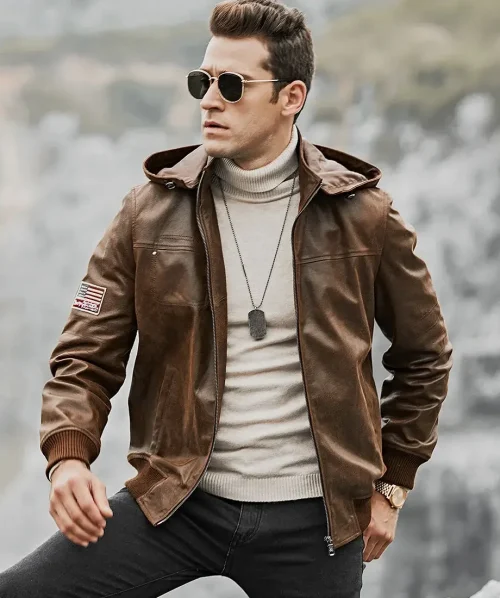 Men's Brown Real Flavor Leather Jacket Removable Hooded
