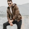 Men's Brown Real Flavor Leather Jacket Removable Hooded - Image 7