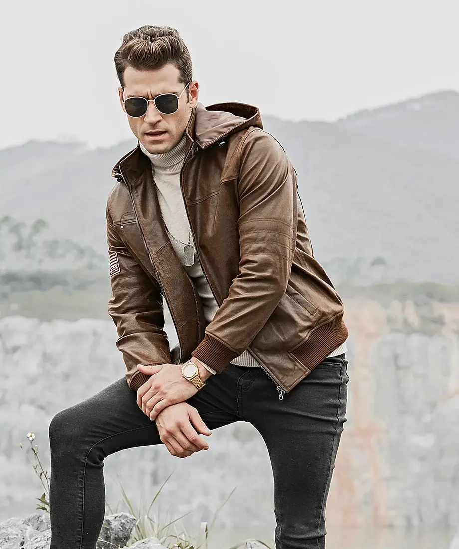 Men's Brown Real Flavor Leather Jacket Removable Hooded - Image 7