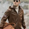 Men's Brown Real Flavor Leather Jacket Removable Hooded - Image 2