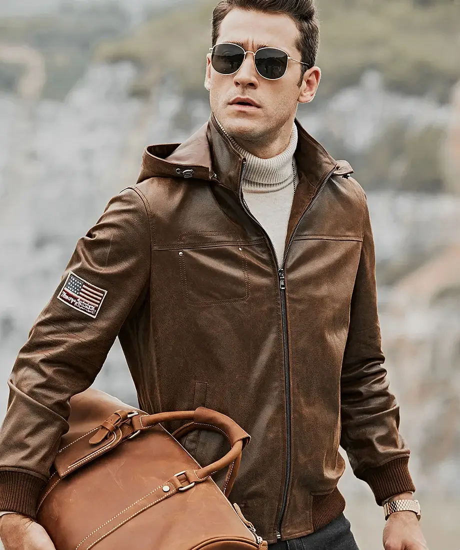 Men's Brown Real Flavor Leather Jacket Removable Hooded - Image 2