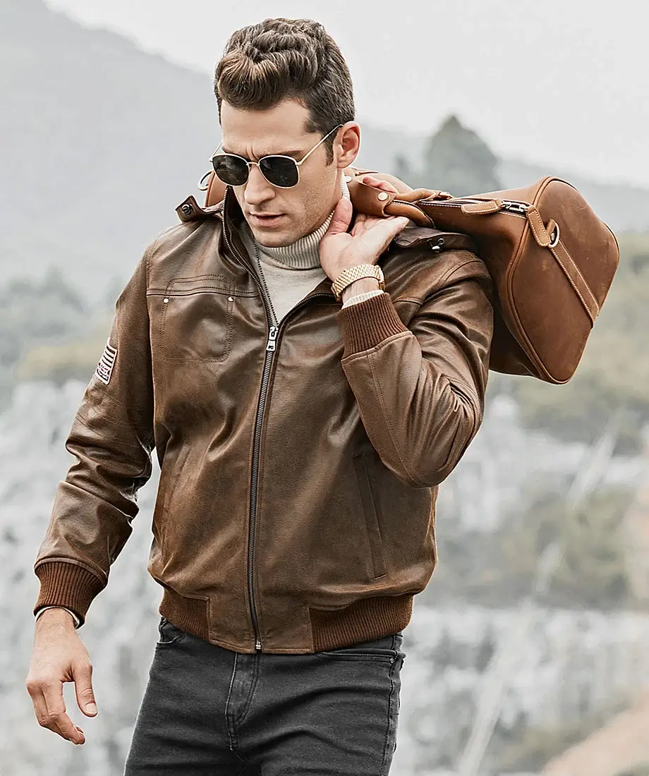 Men's Brown Real Flavor Leather Jacket Removable Hooded - Image 3