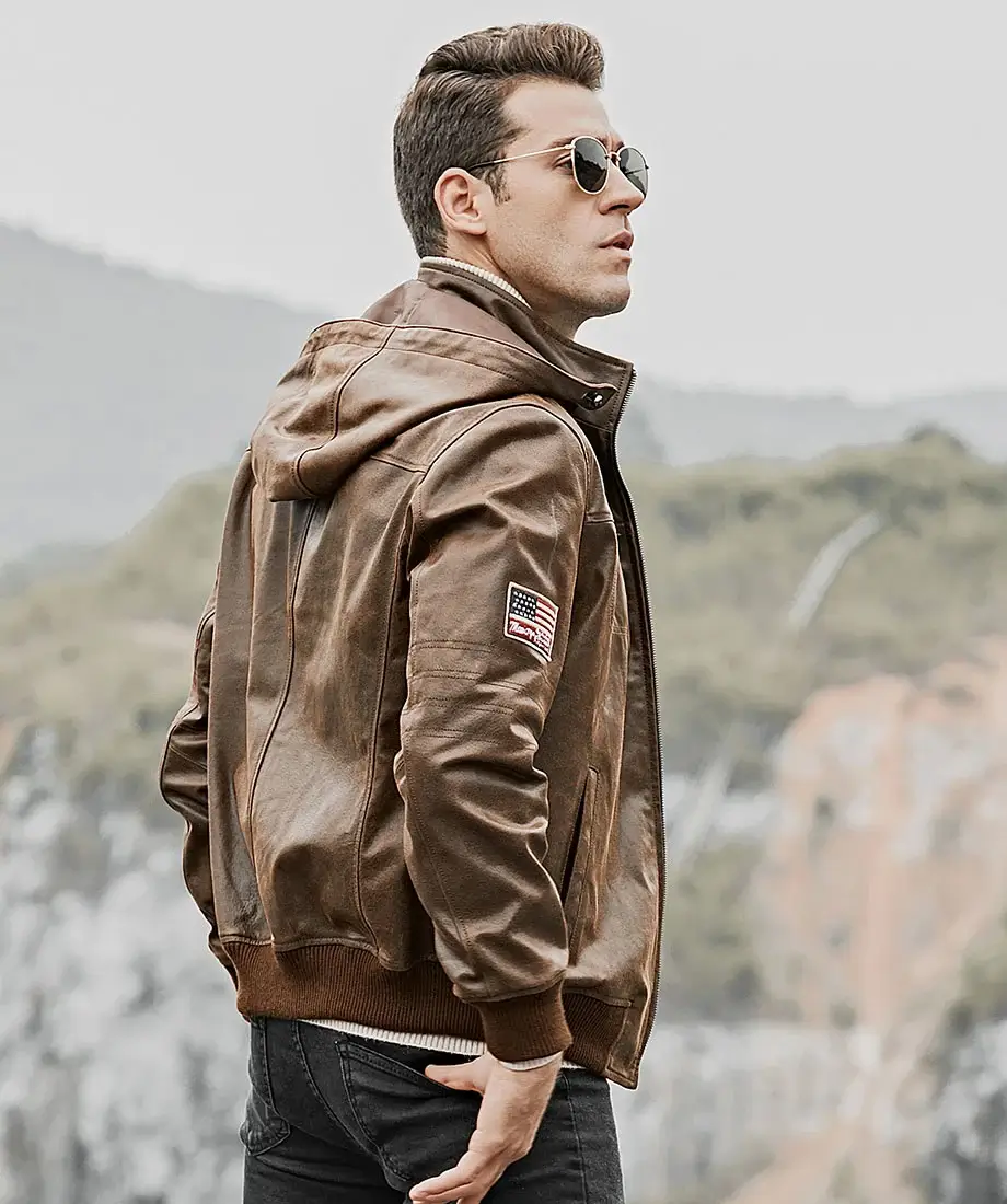 Men's Brown Real Flavor Leather Jacket Removable Hooded - Image 10