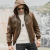 Men's Brown Real Flavor Leather Jacket Removable Hooded - Image 4