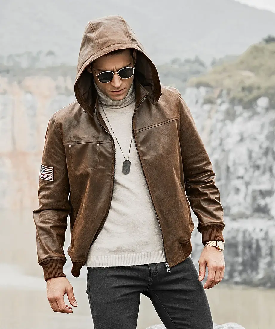 Men's Brown Real Flavor Leather Jacket Removable Hooded - Image 4
