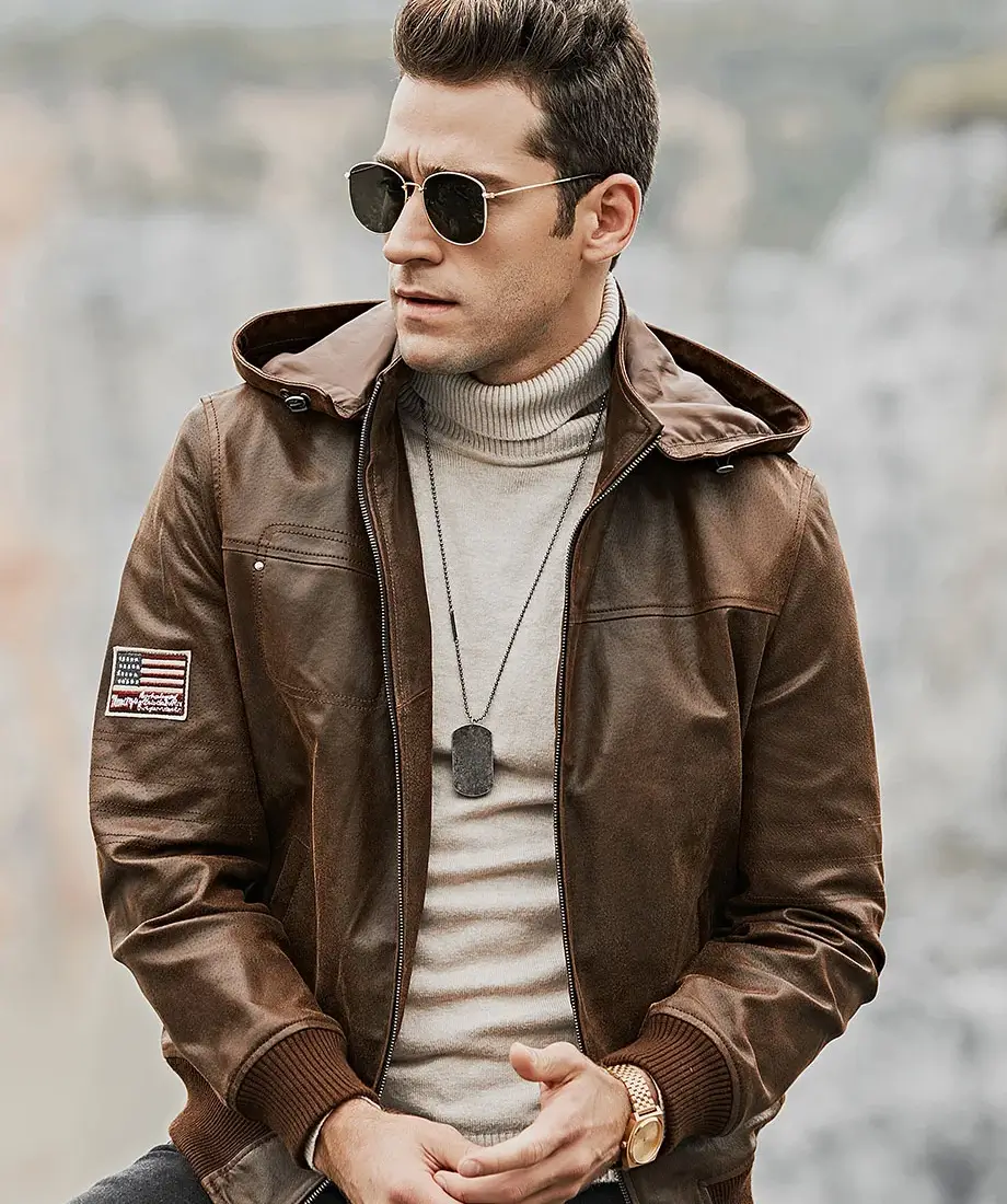 Men's Brown Real Flavor Leather Jacket Removable Hooded - Image 6