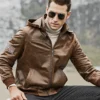 Men's Brown Real Flavor Leather Jacket Removable Hooded - Image 8