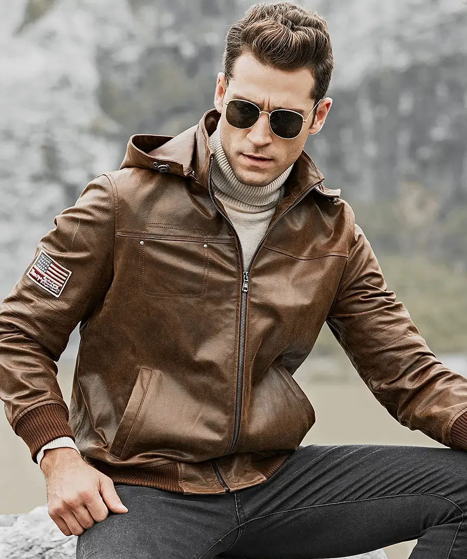 Men's Brown Real Flavor Leather Jacket Removable Hooded - Image 8
