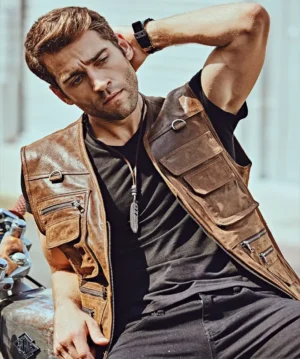 Alternative view of Men's Brown Retro Multi Pockets Leather Vest