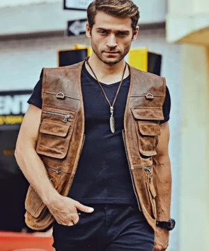 Men's Brown Retro Multi Pockets Leather Vest