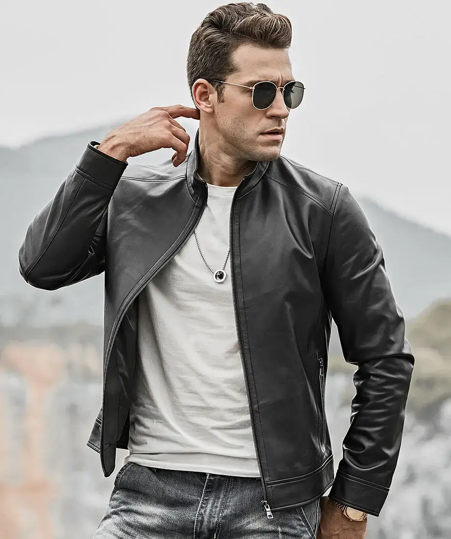 Men's Classic Black Real Leather Moto Jacket - Image 5