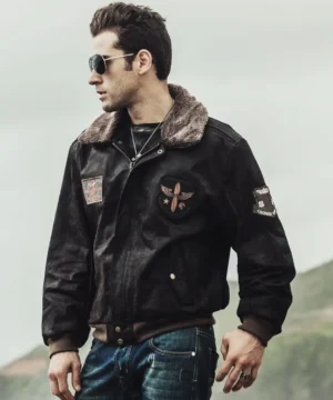 Alternative view of Men's Dark Brown Aviator Bomber Leather Jacket with Fur collar