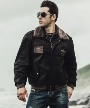 Men's Dark Brown Aviator Bomber Leather Jacket with Fur collar