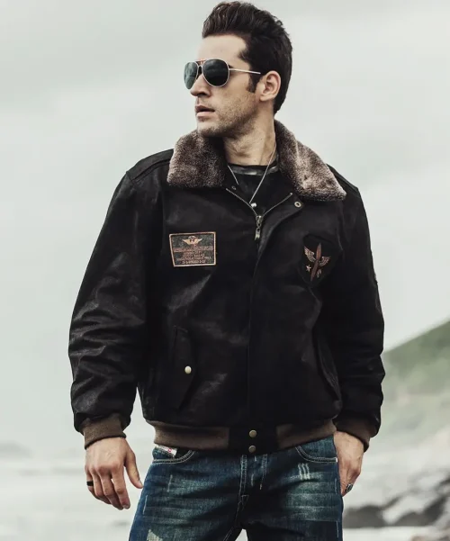 Men's Dark Brown Aviator Bomber Leather Jacket with Fur collar