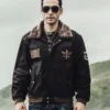 Men's Dark Brown Aviator Bomber Leather Jacket with Fur collar - Image 6