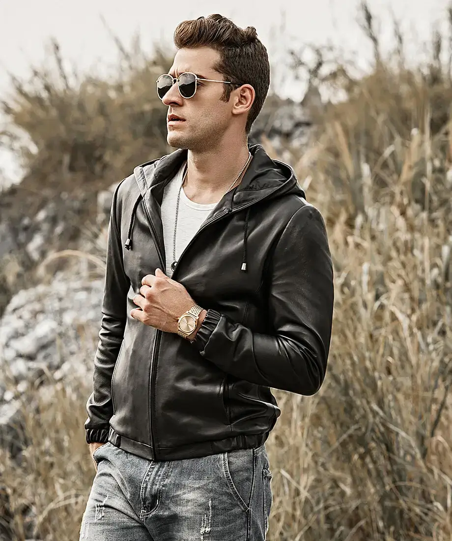 Men's Hooded Real Sheepskin Leather Jacket - Image 2