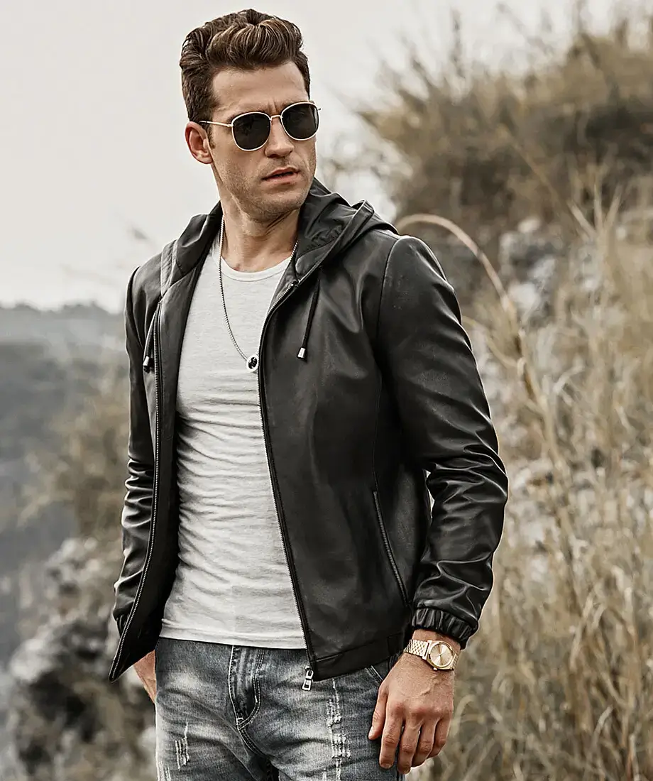 Men's Hooded Real Sheepskin Leather Jacket - Image 6