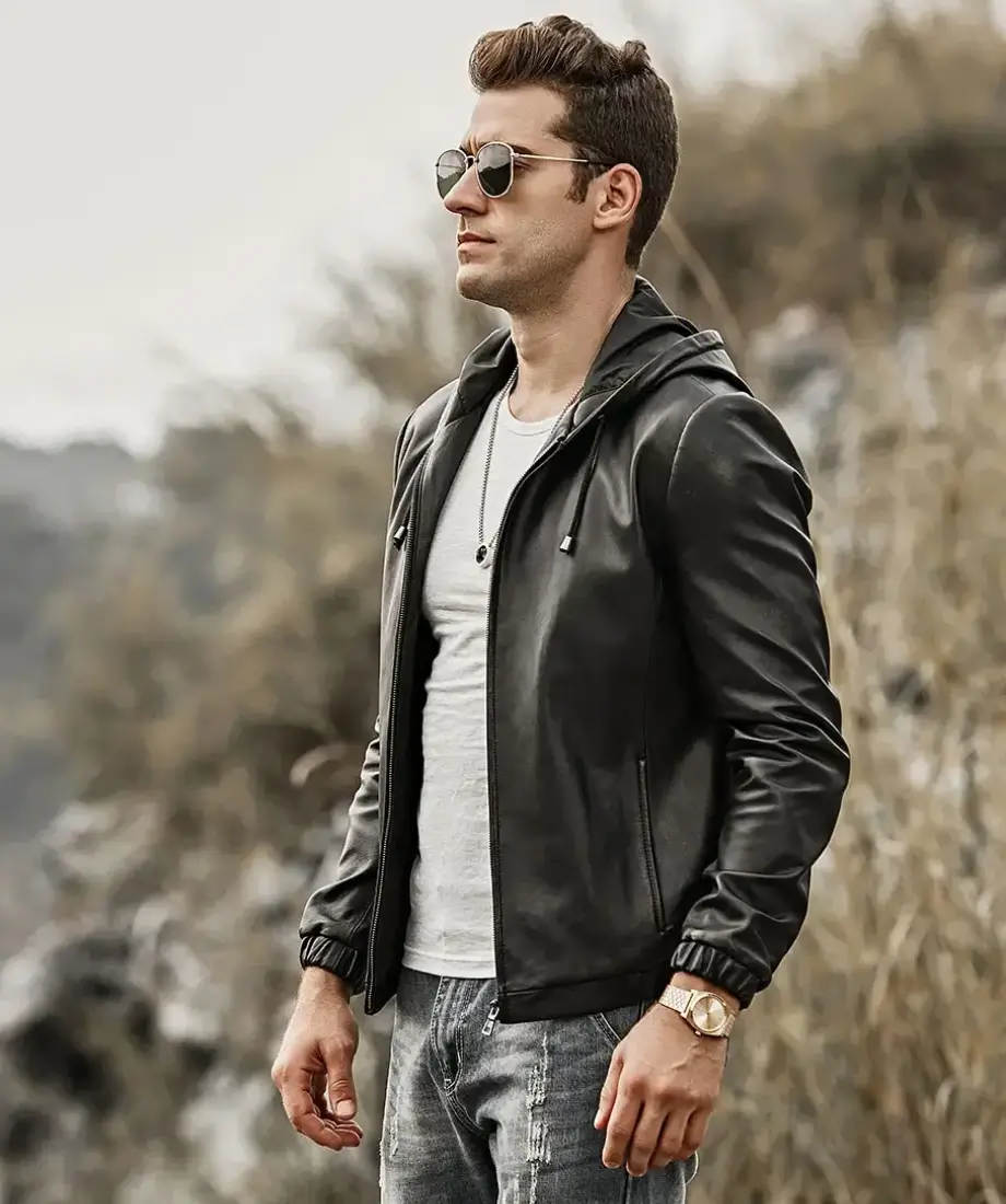 Men's Hooded Real Sheepskin Leather Jacket - Image 4