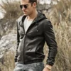 Men's Hooded Real Sheepskin Leather Jacket - Image 5