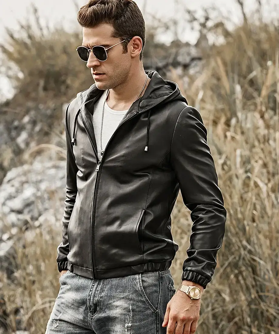 Men's Hooded Real Sheepskin Leather Jacket - Image 5