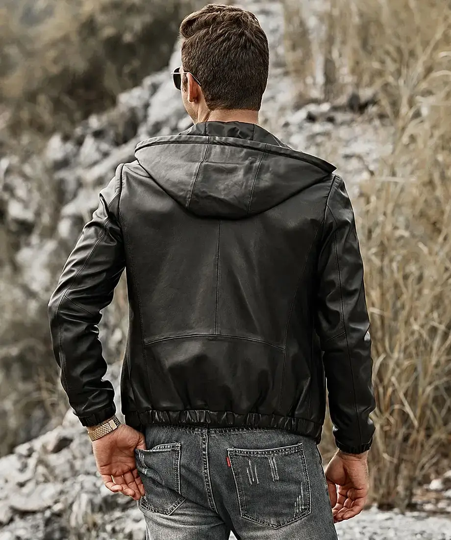 Men's Hooded Real Sheepskin Leather Jacket - Image 8