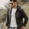 Men's Hooded Real Sheepskin Leather Jacket - Image 7