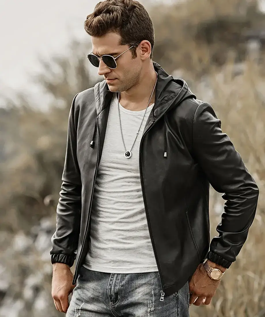 Men's Hooded Real Sheepskin Leather Jacket - Image 7