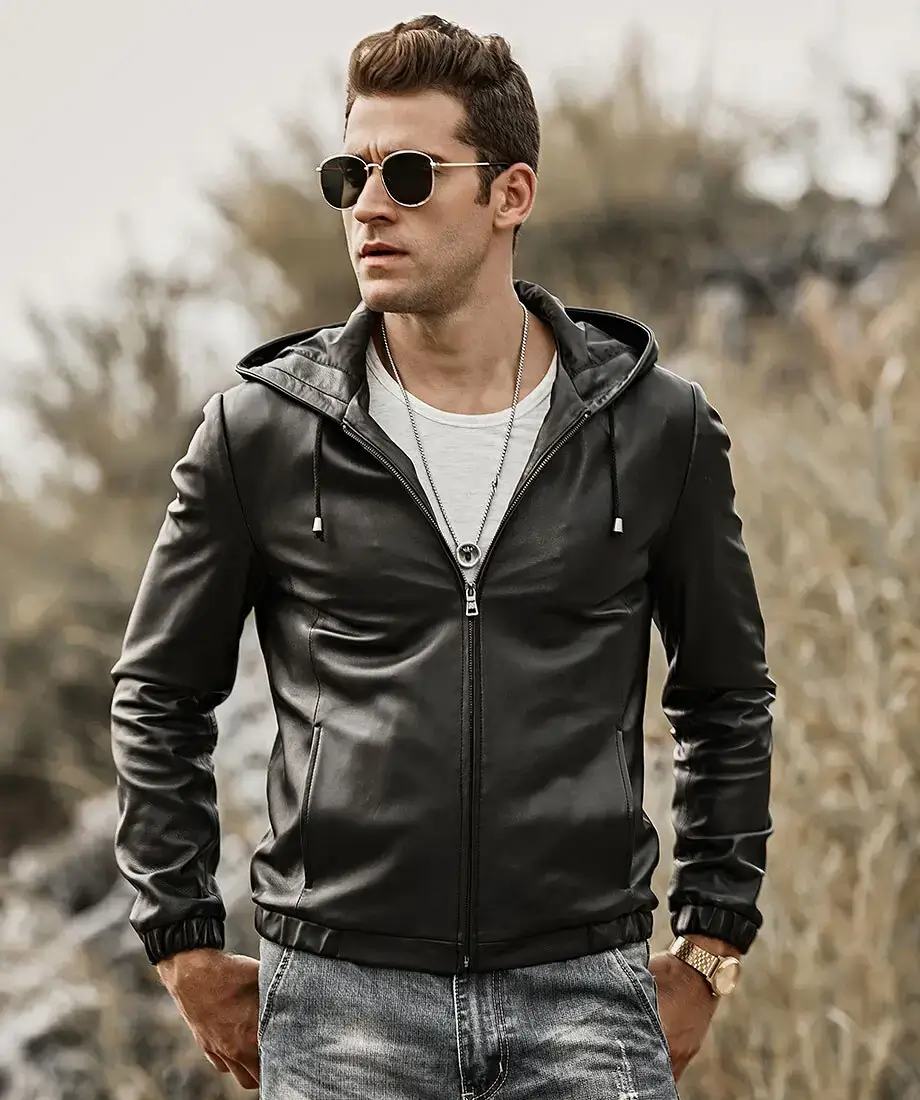 Men's Hooded Real Sheepskin Leather Jacket - Image 3