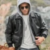 Patrick Air Mens Aviator Black Hooded Real Leather Bomber Jacket - Image 2