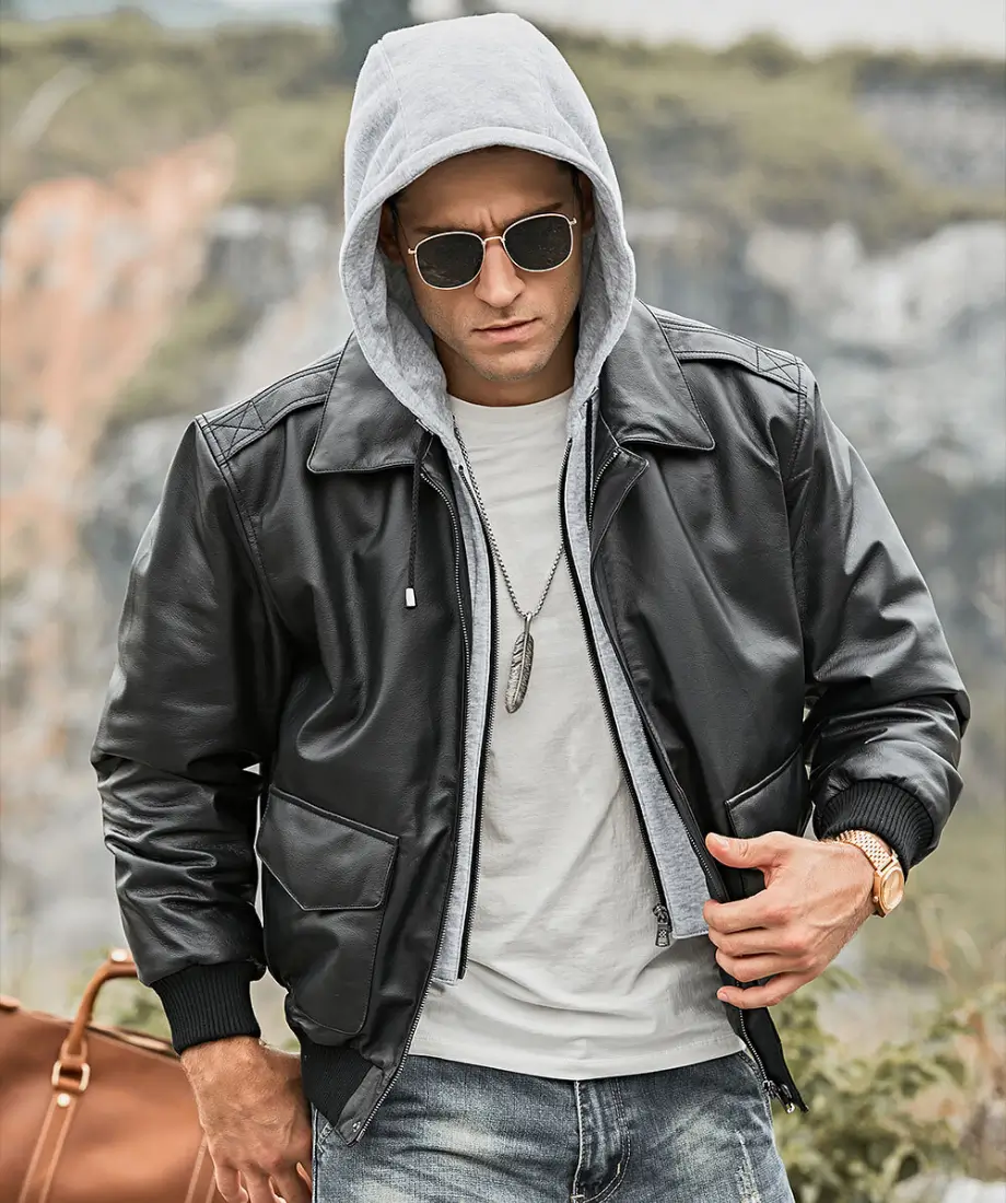 Patrick Air Mens Aviator Black Hooded Real Leather Bomber Jacket - Image 2