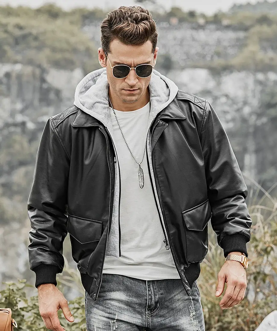 Patrick Air Mens Aviator Black Hooded Real Leather Bomber Jacket - Image 3