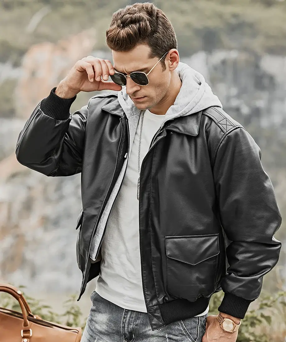 Patrick Air Mens Aviator Black Hooded Real Leather Bomber Jacket - Image 4