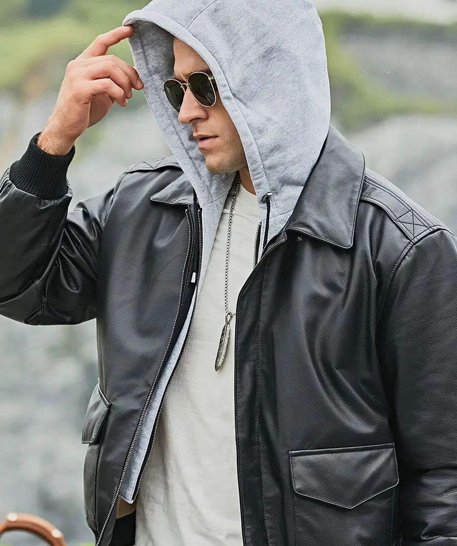 Patrick Air Mens Aviator Black Hooded Real Leather Bomber Jacket - Image 5