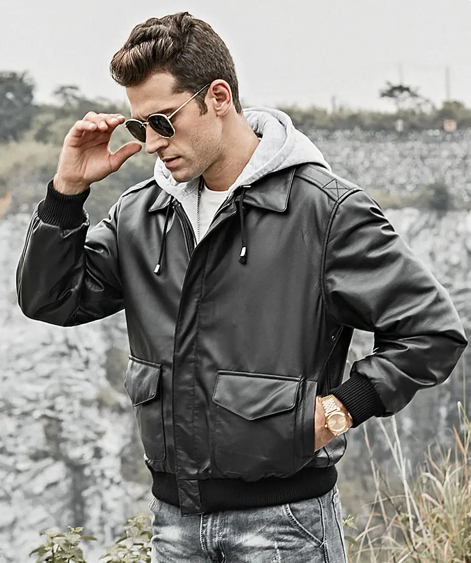 Patrick Air Mens Aviator Black Hooded Real Leather Bomber Jacket - Image 6