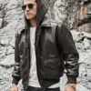 Patrick Air Mens Aviator Brown Hooded Real Leather Bomber Jacket - Image 2