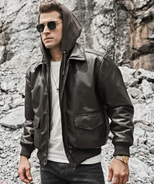 Alternative view of Patrick Air Mens Aviator Brown Hooded Real Leather Bomber Jacket