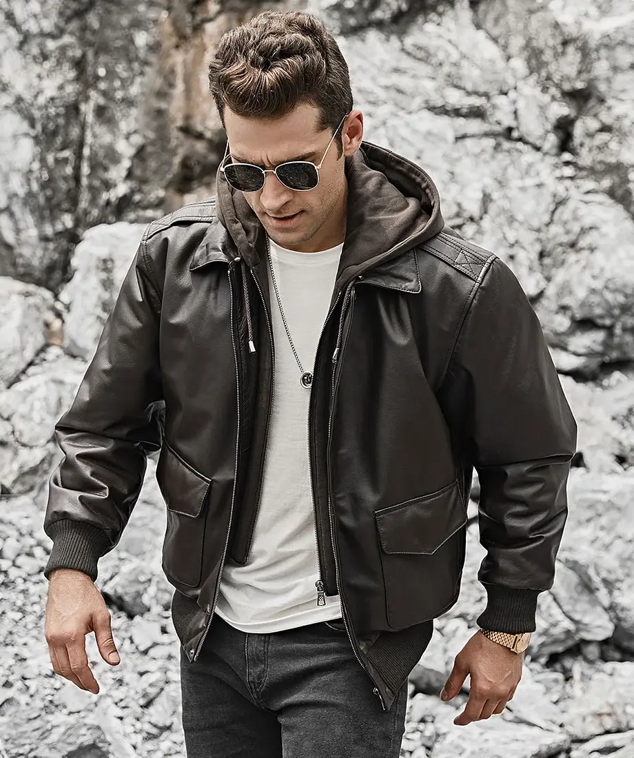 Patrick Air Mens Aviator Brown Hooded Real Leather Bomber Jacket - Image 3