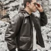 Patrick Air Mens Aviator Brown Hooded Real Leather Bomber Jacket - Image 4