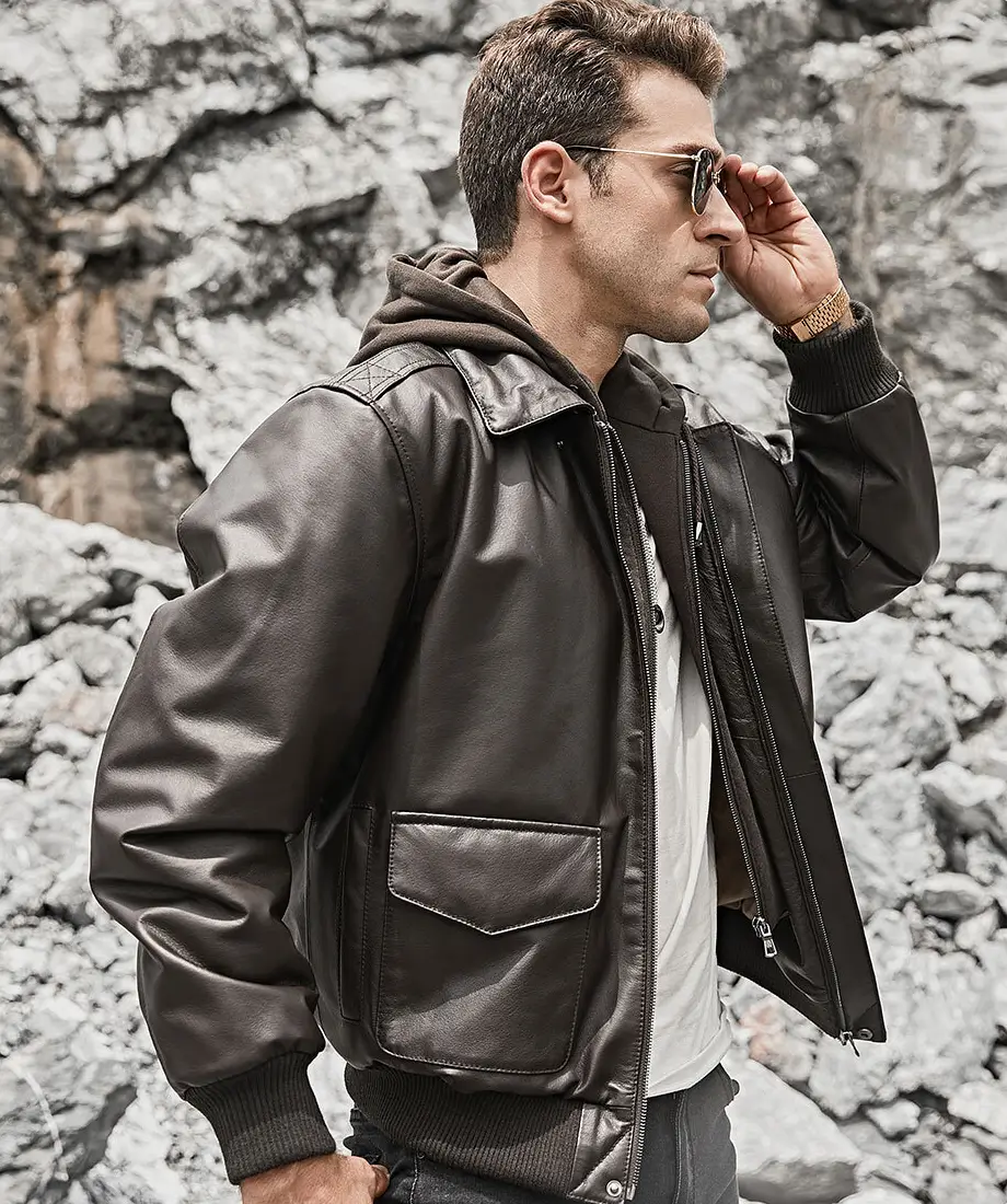 Patrick Air Mens Aviator Brown Hooded Real Leather Bomber Jacket - Image 4