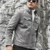 Riverside Men's Stand Collar Gray Leather Jacket - Image 3
