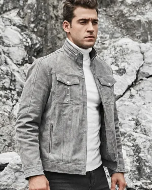 Riverside Men's Stand Collar Gray Leather Jacket