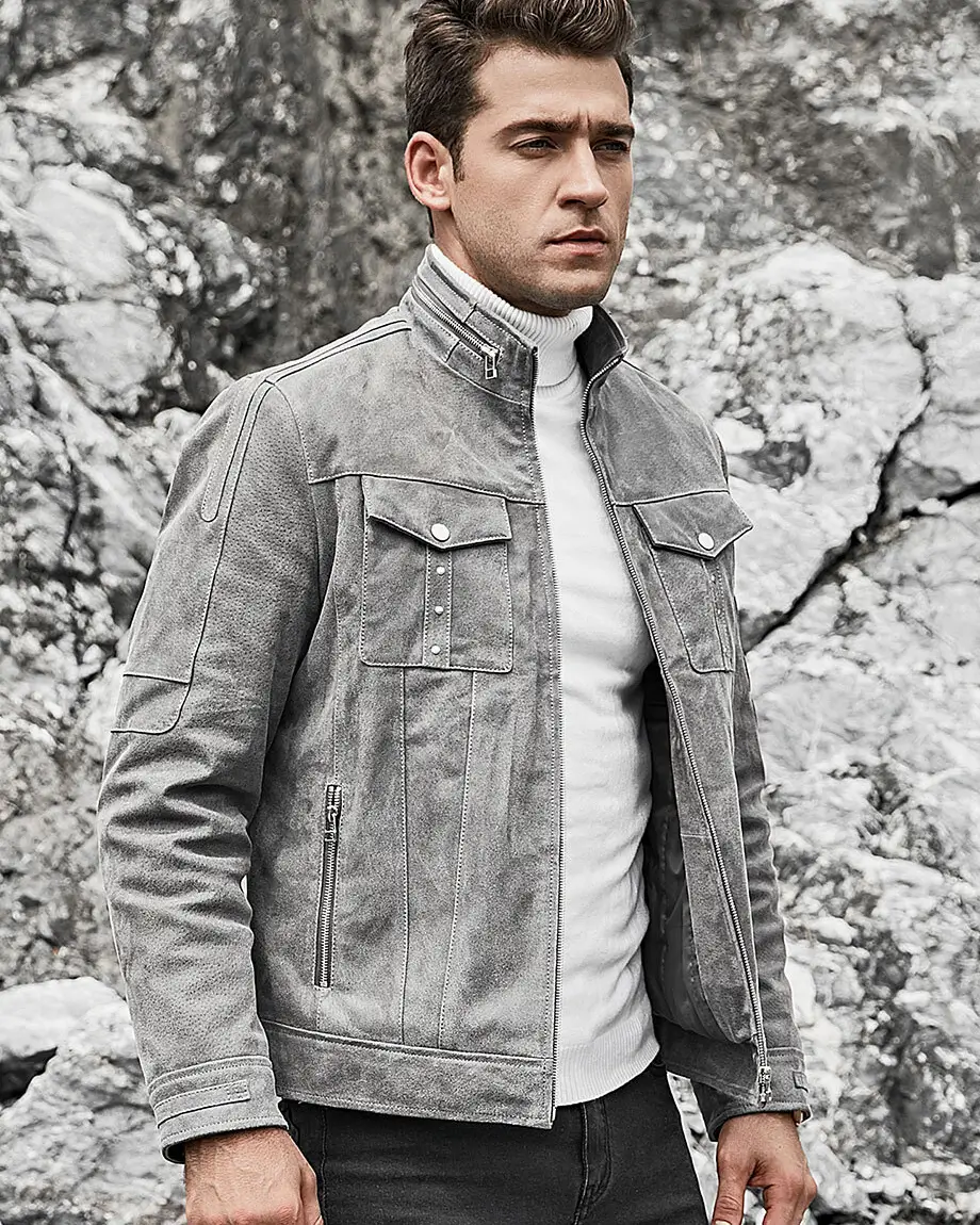 Riverside Men's Stand Collar Gray Leather Jacket