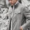 Riverside Men's Stand Collar Gray Leather Jacket - Image 4