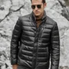 Seattle Men's Lambskin Flavor Leather Puffer Jacket with Removable Fur Collar - Image 2
