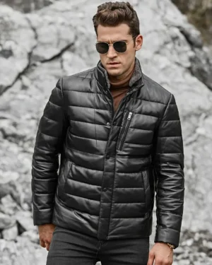 Alternative view of Seattle Men's Lambskin Flavor Leather Puffer Jacket with Removable Fur Collar
