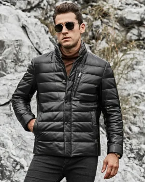 Seattle Men's Lambskin Flavor Leather Puffer Jacket with Removable Fur Collar