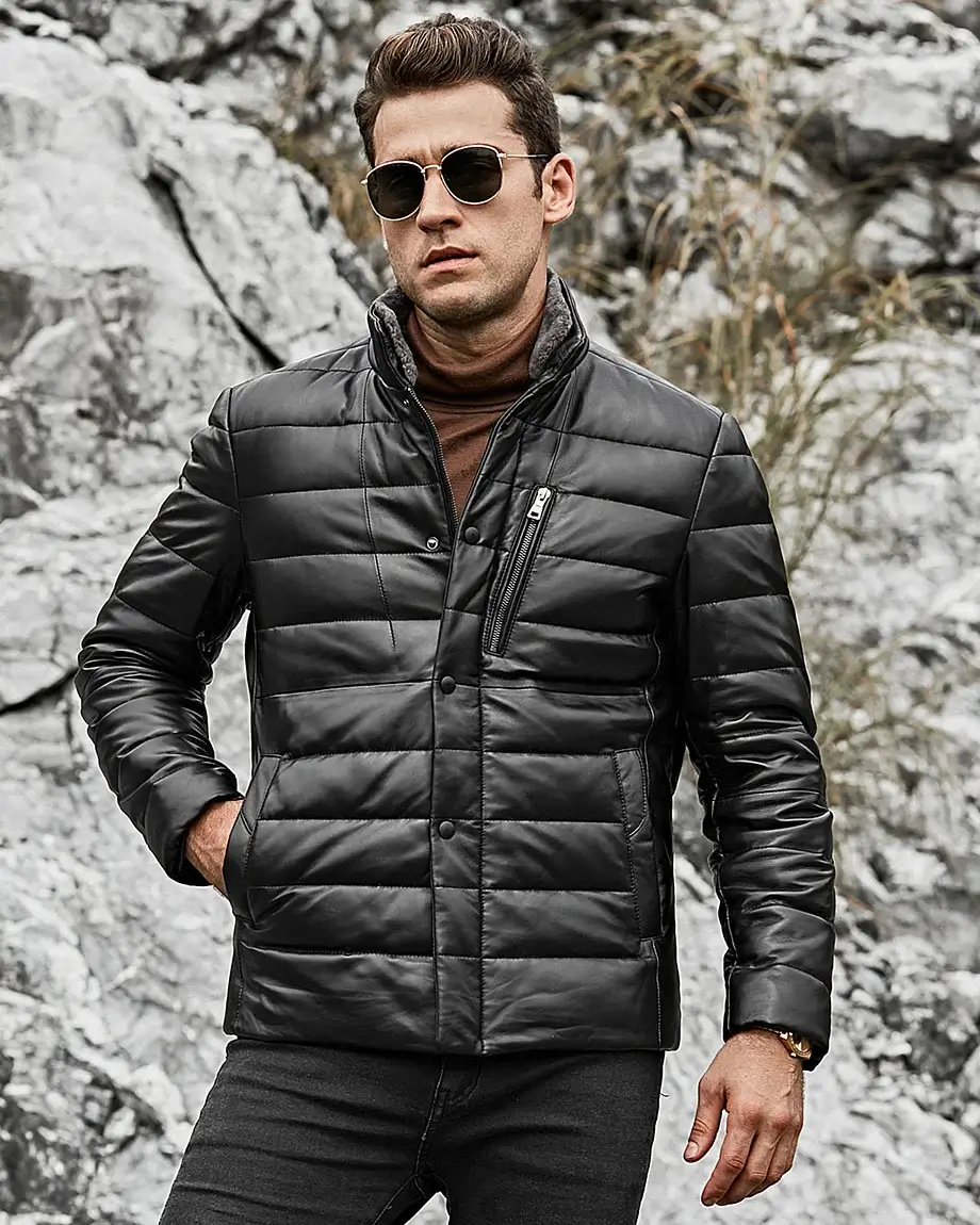 Seattle Men's Lambskin Flavor Leather Puffer Jacket with Removable Fur Collar