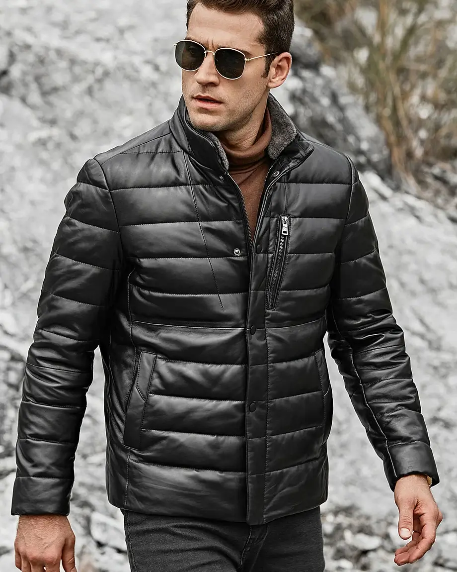 Seattle Men's Lambskin Flavor Leather Puffer Jacket with Removable Fur Collar - Image 3
