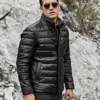 Seattle Men's Lambskin Flavor Leather Puffer Jacket with Removable Fur Collar - Image 4