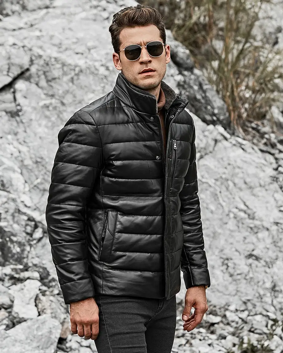 Seattle Men's Lambskin Flavor Leather Puffer Jacket with Removable Fur Collar - Image 4